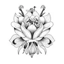 flower bouquet with carnation,  daffodils, Lily of valley, rose, water Lily, gladiolus, morning glory, narcissus tattoo design idea