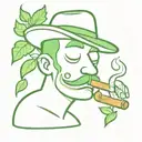 funny chartoon wearing a weird hat smoking a cigar with green leaves hanging out of the cigar tattoo design idea
