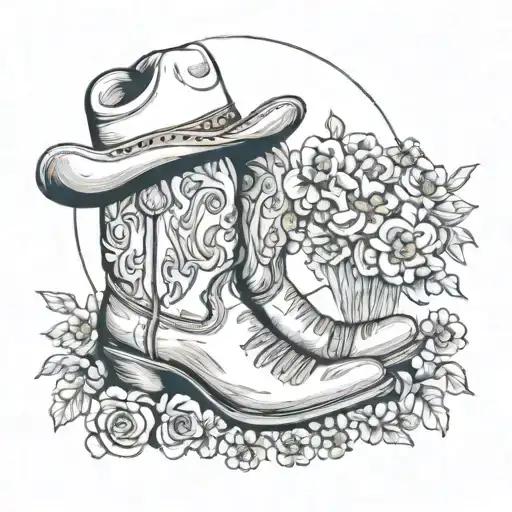 cowboy boots, hat, moon and flowers tattoo design idea