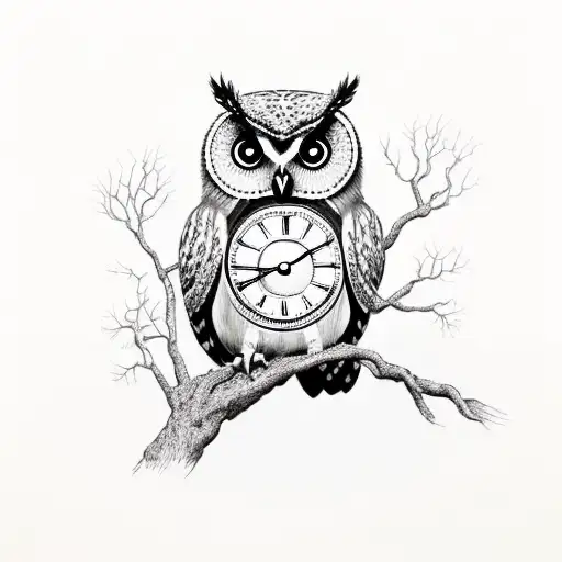  tree with owl with clock in belly with roes in it's talasmen on branch  tattoo design idea