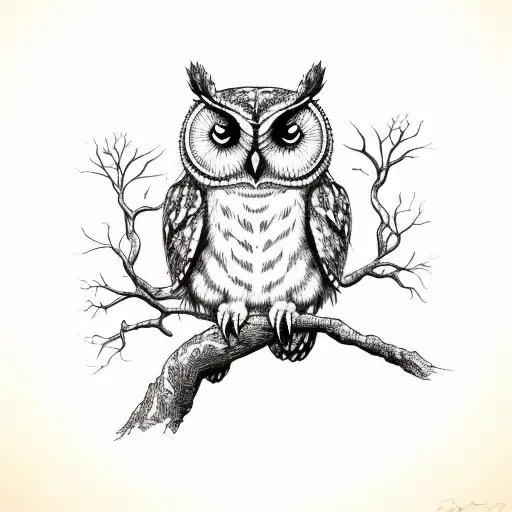 pecan tree with owl with clock in belly with roes in it's talasmen on branch  tattoo design idea