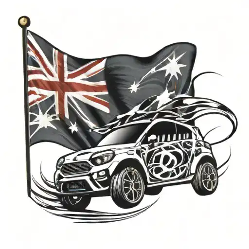 An Australian flag waving in the wind with electric vehicle symbols tattoo design idea