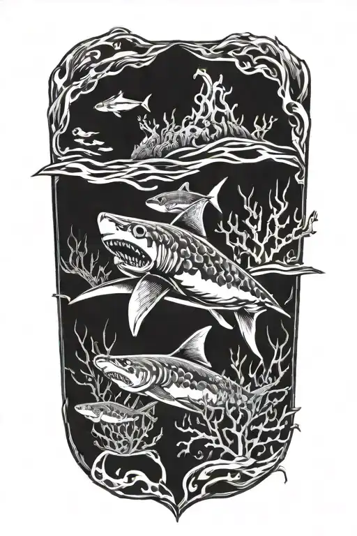 diamond made of coral and with a shark swimming through the middle tattoo design idea