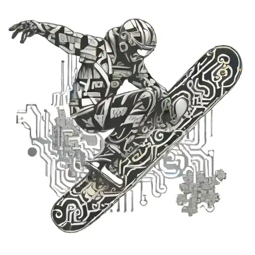 An intricate snowboarder carving through a forest of circuit boards tattoo design idea