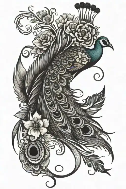 peacock feather with flowers intertwined tattoo design idea