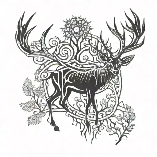 Black and white patch work tattoo of Ancient enchanted large deer skeleton with moss on it many pointed antlers. It’s is tattoo design idea