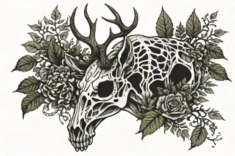 Black and white patch work tattoo of Ancient magic enchanted large deer skeleton with moss on its vastly pointed  tattoo design idea