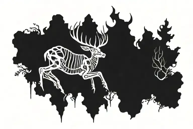 Black and white patch work tattoo of Ancient magic enchanted large deer skeleton with moss on its vastly pointed  tattoo design idea