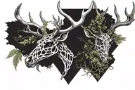 Black and white patch work tattoo of Ancient enchanted large deer skeleton with moss on its vastly pointed antlers tattoo design idea
