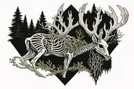 Black and white patch work tattoo of Ancient enchanted large deer skeleton with moss on its vastly pointed antlers tattoo design idea