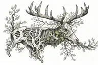 Black and white patch work tattoo of Ancient enchanted large deer skeleton with moss on its vastly pointed antlers tattoo design idea