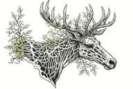 Black and white patch work tattoo of Ancient enchanted large deer skeleton with moss on its vastly pointed antlers tattoo design idea