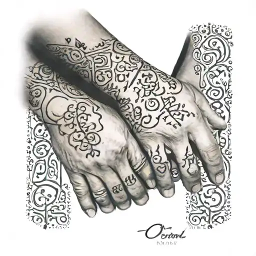 A tattoo of a grandmother and granddaughter holding hands, with their names in Arabic script tattoo design idea