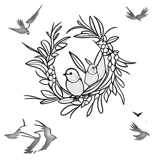 olive wreath with 3 birds flying out tattoo design idea