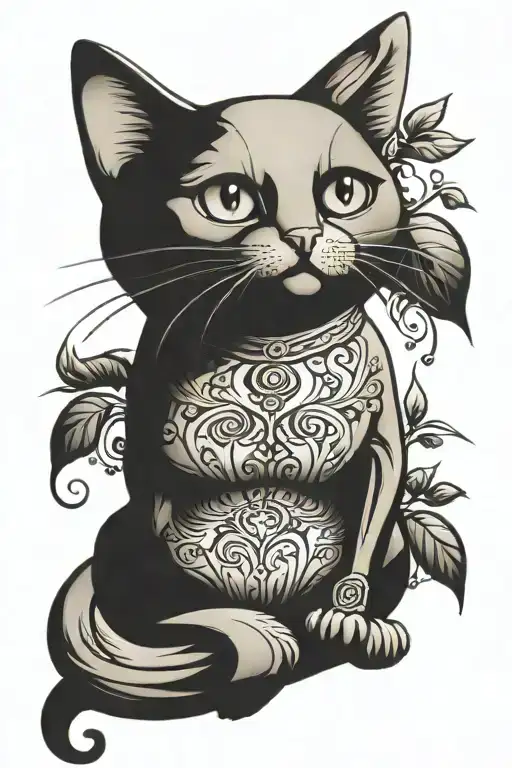 surrealistic cat sitting tattoo design idea