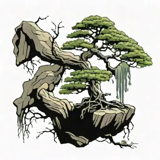 ginkgo bonsai with roots hanging on a rock tattoo design idea