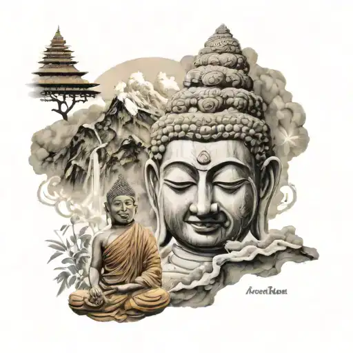 nepal realistic with buddist foreground tattoo design idea