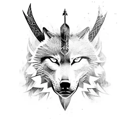 Warrior wolf adorned with Nordic armor and wielding a sword tattoo design idea
