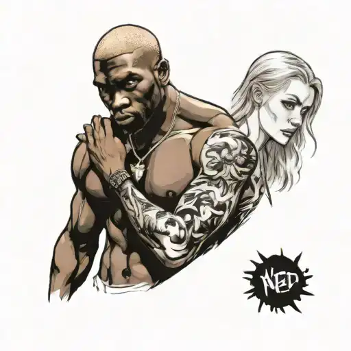 a very muscular black man look in th eyes a very skinny weak white blonde female tattoo design idea