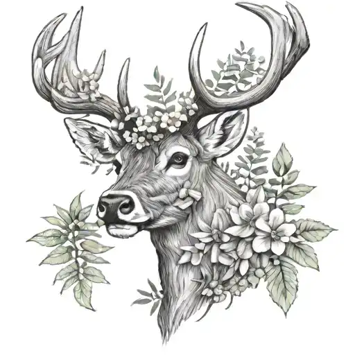red deer head with texas and wisconsin native flowers and ferns tattoo design idea