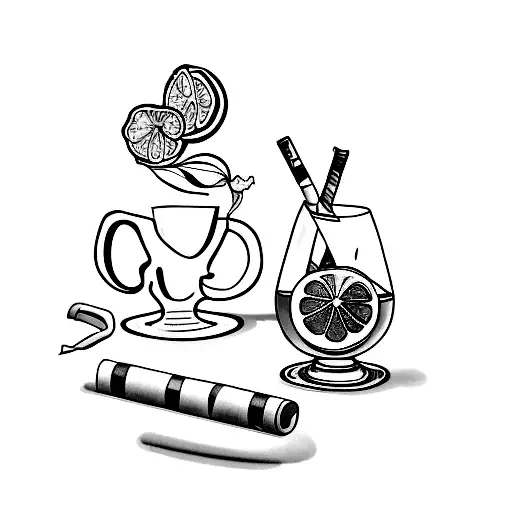 A minimalist tattoo of a cigarette and a lemon with a book and a glass of red wine in the background tattoo design idea