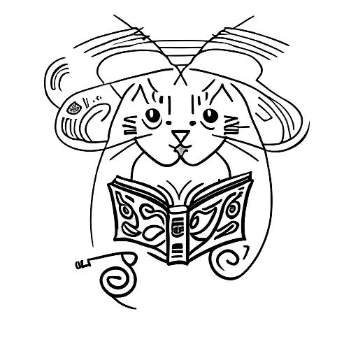 A minimalist tattoo of a cat reading a book with a glass of red wine beside it tattoo design idea
