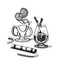 A minimalist tattoo of a cigarette and a lemon with a book and a glass of red wine in the background tattoo design idea