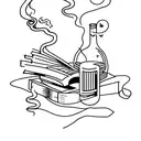 A minimalist tattoo of a cigarette and a lemon with a book and a glass of red wine in the background tattoo design idea