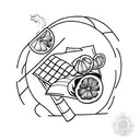 A minimalist tattoo of a cigarette and a lemon with a book and a glass of red wine in the background tattoo design idea