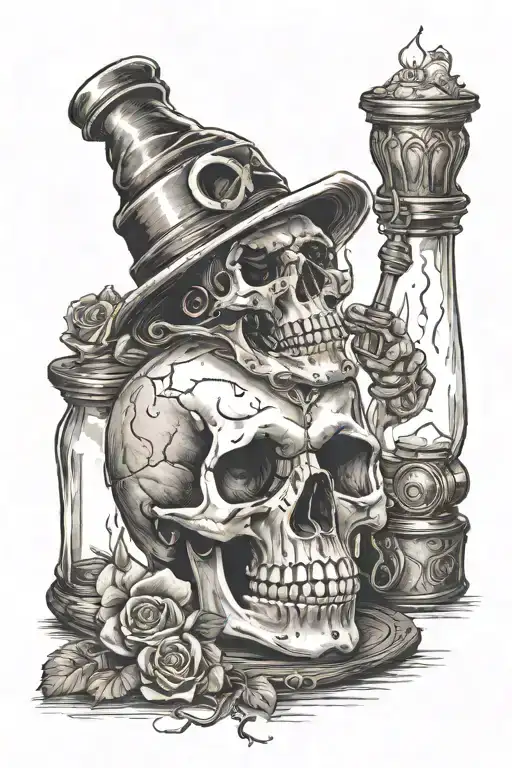 skull holding a hour glass bottle, under it a lighted candle with smoke effects tattoo design idea