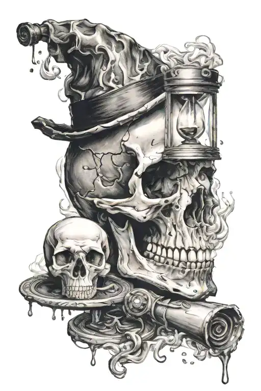skull holding a hour glass bottle, under it a lighted candle with smoke effects tattoo design idea
