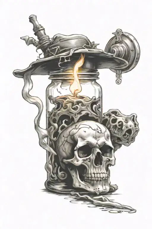 skull holding a hour glass bottle, under it a lighted candle with smoke effects tattoo design idea