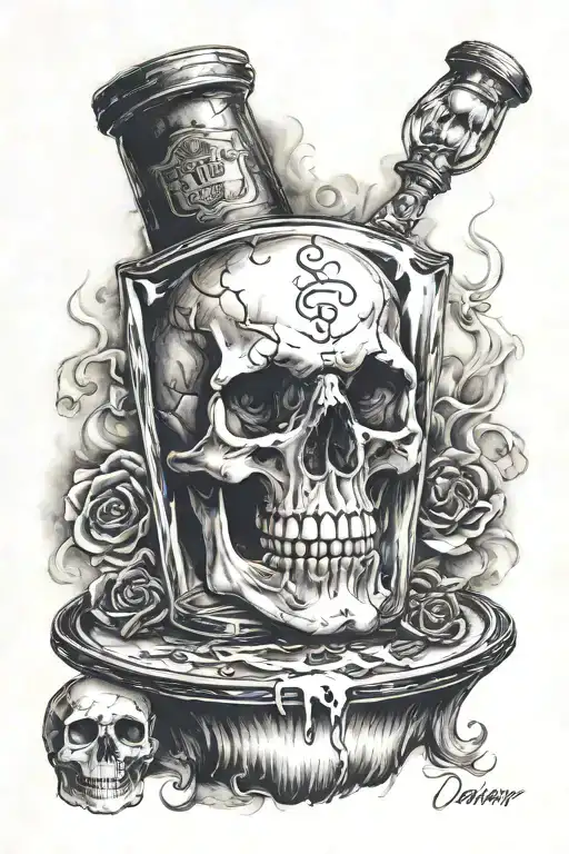 skull holding a hour glass bottle, under it a lighted candle with smoke effects tattoo design idea