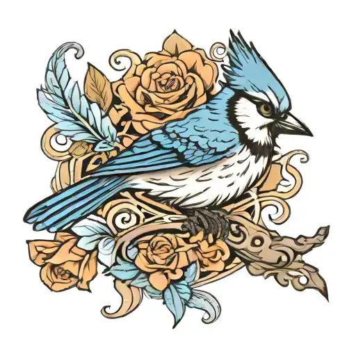 name Angelo with blue jay written tattoo design idea