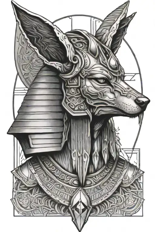 black and white portrait of the jackal god anubis in full egyptian headgear and armour with three pyramids below on an a tattoo design idea