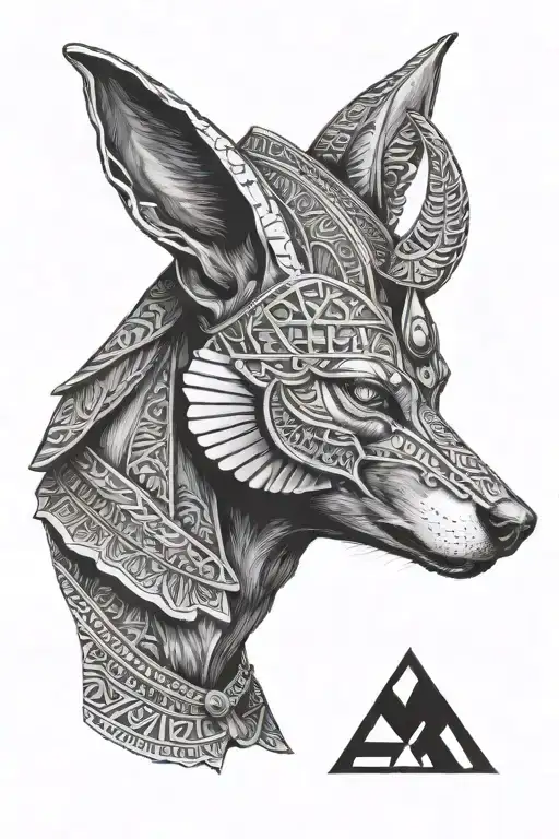 black and white portrait of the jackal god anubis in full egyptian headgear and armour with three pyramids below on an a tattoo design idea