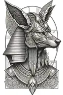 black and white portrait of the jackal god anubis in full egyptian headgear and armour with three pyramids below on an a tattoo design idea
