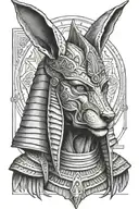 black and white portrait of the jackal god anubis in full egyptian headgear and armour with three pyramids below on an a tattoo design idea