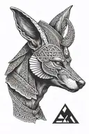 black and white portrait of the jackal god anubis in full egyptian headgear and armour with three pyramids below on an a tattoo design idea