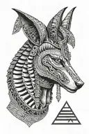 black and white portrait of the jackal god anubis in full egyptian headgear and armour with three pyramids below on an a tattoo design idea