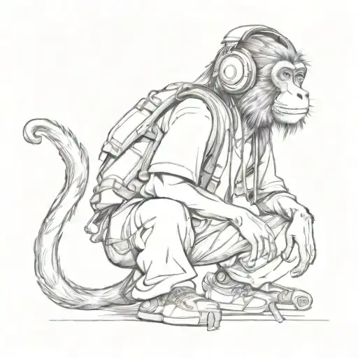 monkey in headphones. the monkey is wearing wide pants and large sneakers tattoo design idea