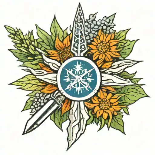 emblem of the Wehrmachat division "Edelweiss" With an edelweiss flower, a bayonet with a knife from a K98 rifle and h tattoo design idea