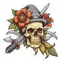 skull in a German cap, bayonet knife and edelweiss flower tattoo design idea