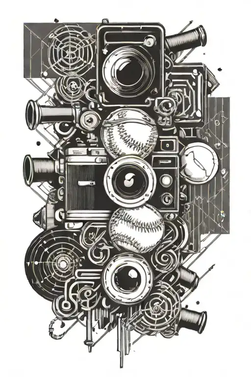 baseball camera music note surrounded  tattoo design idea