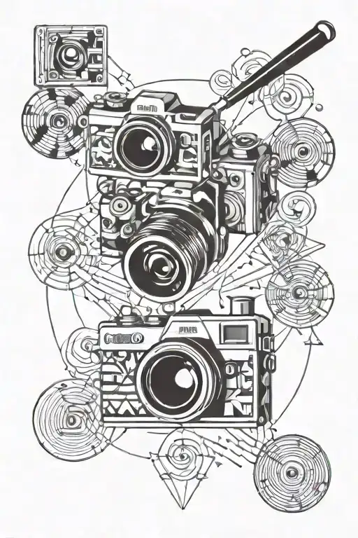 baseball camera music note surrounded  tattoo design idea