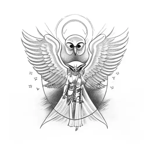 Athena and her owl in a battle on a modern day battle feild. With the ghost of the fallen enter heaven battling a holy w tattoo design idea