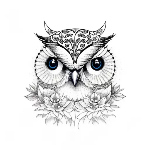 owl flying and flowers arounf tattoo design idea