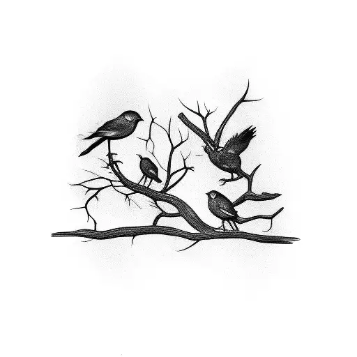 two birds on a branch with one bird flying tattoo design idea