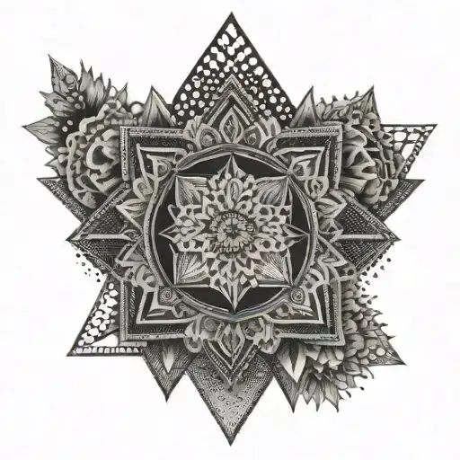 A dotwork tattoo of a pontilhismo-inspired geometric design with mandala accents tattoo design idea