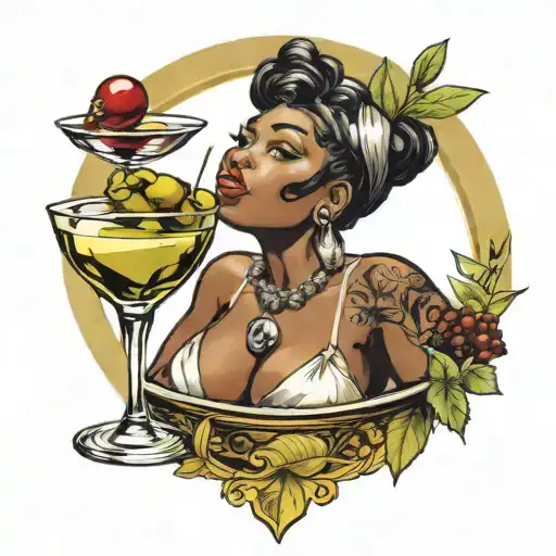 Sexy, plump black woman in martini glass with olive garnish tattoo design idea